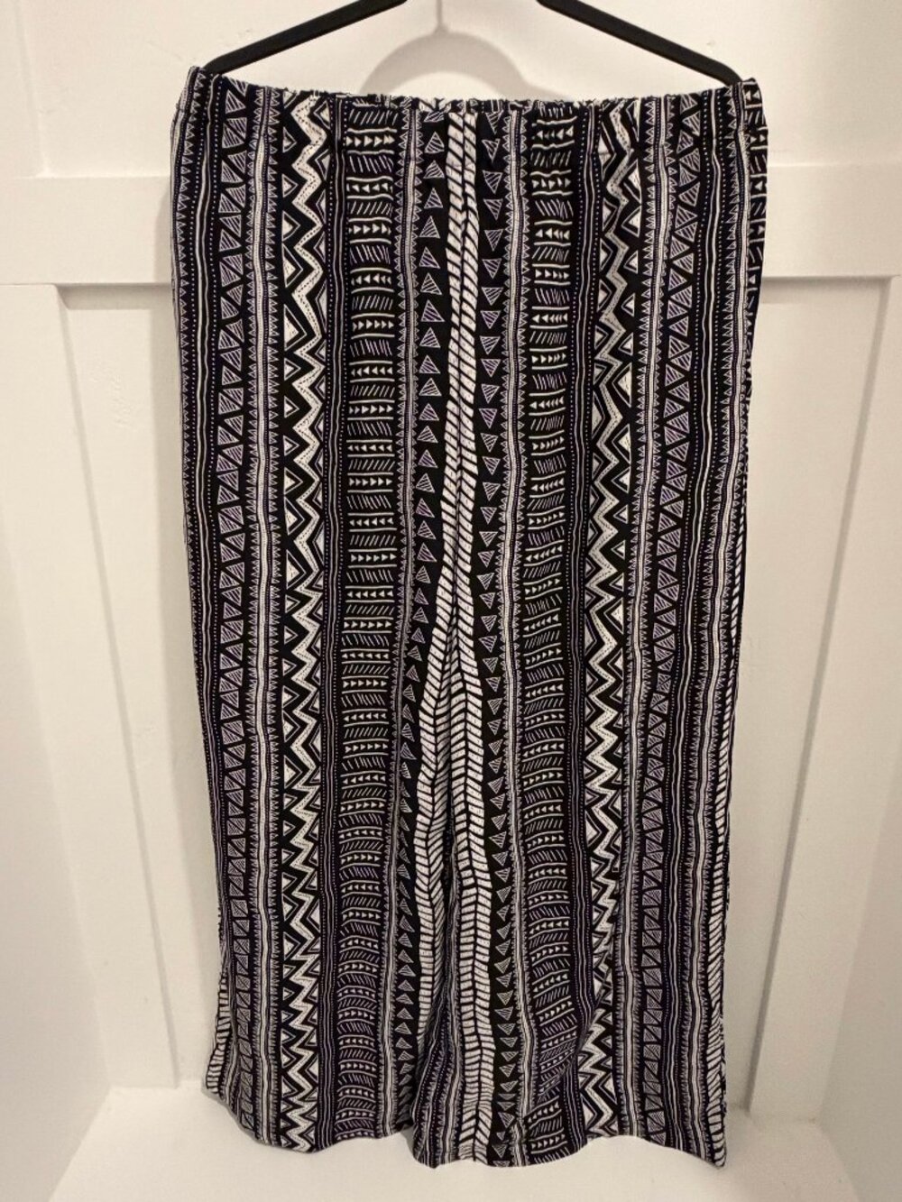 Boho Wide Leg Pants Black White Tribal Print Elastic Waist Flowy
